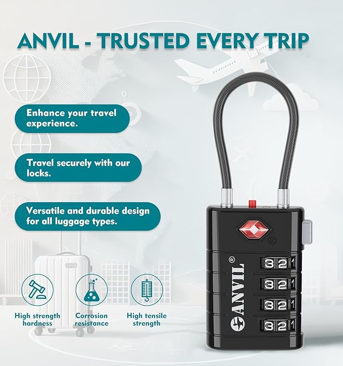 ANVIL 4 Digit Luggage Locks, TSA Locks for Luggage, Advanced TSA008 core, Alert Indicator for Your Travel Lock, Suitcase Lock. (8, Black)