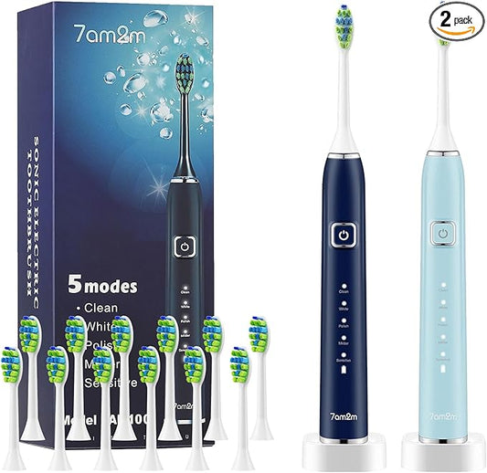 7AM2M Electric Toothbrush 2 Pack Set for Adults, 12 Replacement Brush Heads, 5 Adjustable Modes, Built-in 2-Minute Smart Timer, Fast Charge for 60 Days, IPX7 Waterproof, Navy & Light Blue