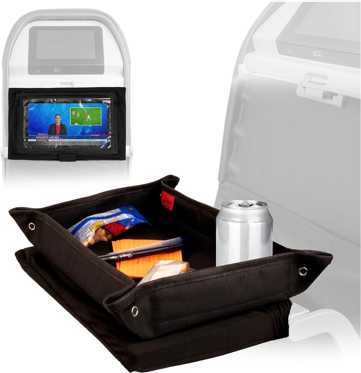 Lusso Gear Airplane Tray Table Cover Travel Essentials - Black, Modern Linen - Portable Organizer & Tablet Holder - Airplane Travel Accessories & Road Trip Essentials