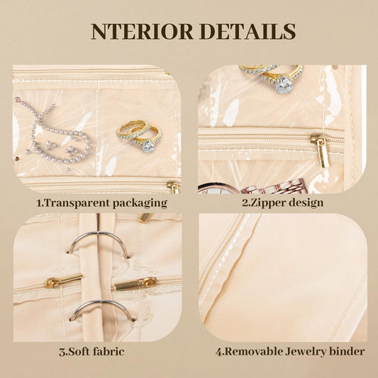 Dayacoco Travel Jewelry Organizer, Jewelry Storage Case Box with 6 Transparent Portable Clear Zipper Velvet Pouches for Earrings, Necklaces, Rings, Bracelets, Traveling, Gifts for Women (Beige)