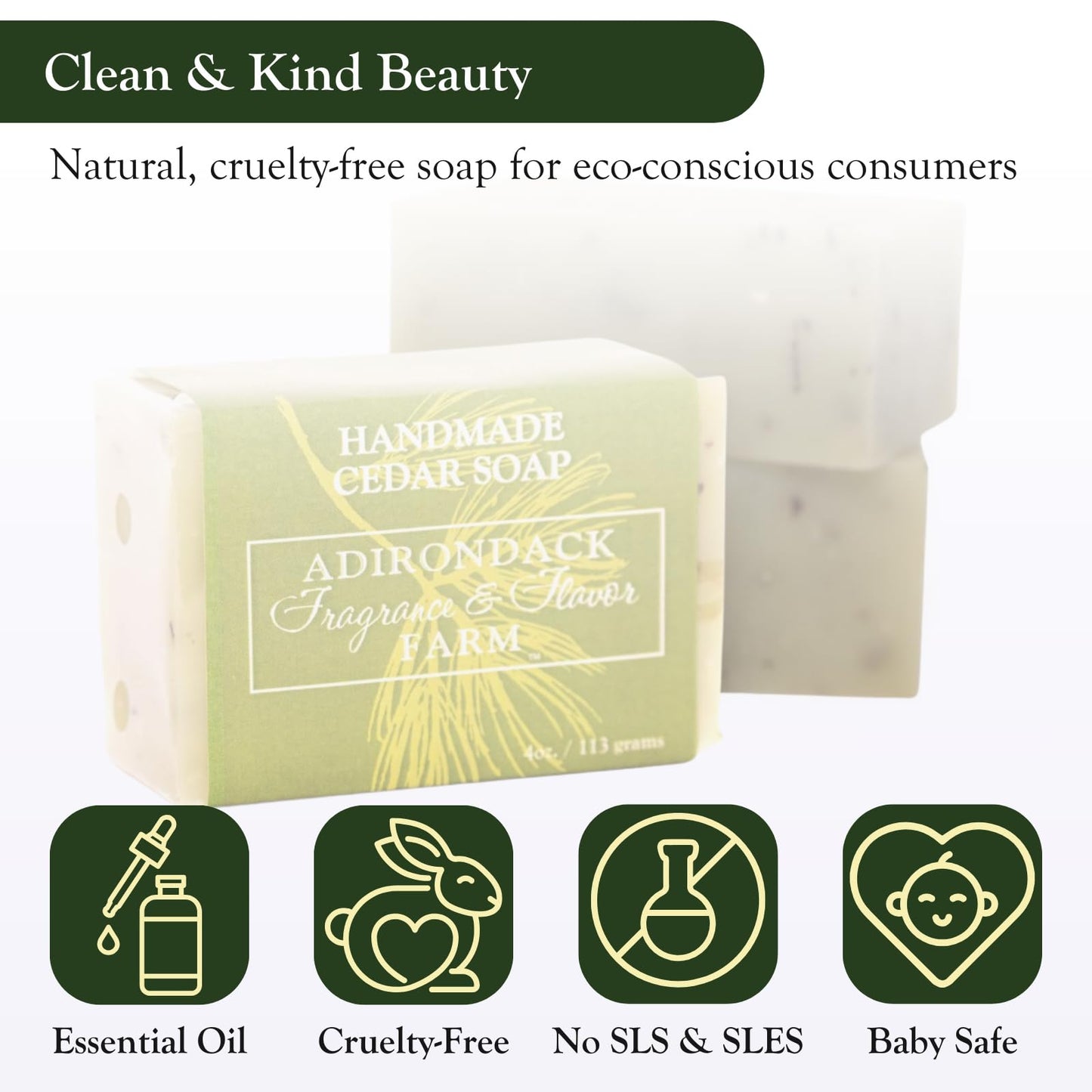 Adirondack Fragrance & Flavor Farm ADK Natural Cedar Soap Bar 4 oz., Handmade Vegan Olive Oil Body Soap for Dry and Sensitive Skin, Moisturising for Men, Women & Babies, Produced in the USA