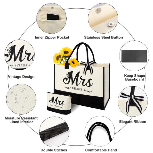 Vanqruo Mrs 2025 Bride Canvas Tote Bag with Makeup Bag, Wedding Gifts for Bridal Shower Bachelorette Party Engagement Honeymoon, Miss to Mrs, Bride to Be Gifts