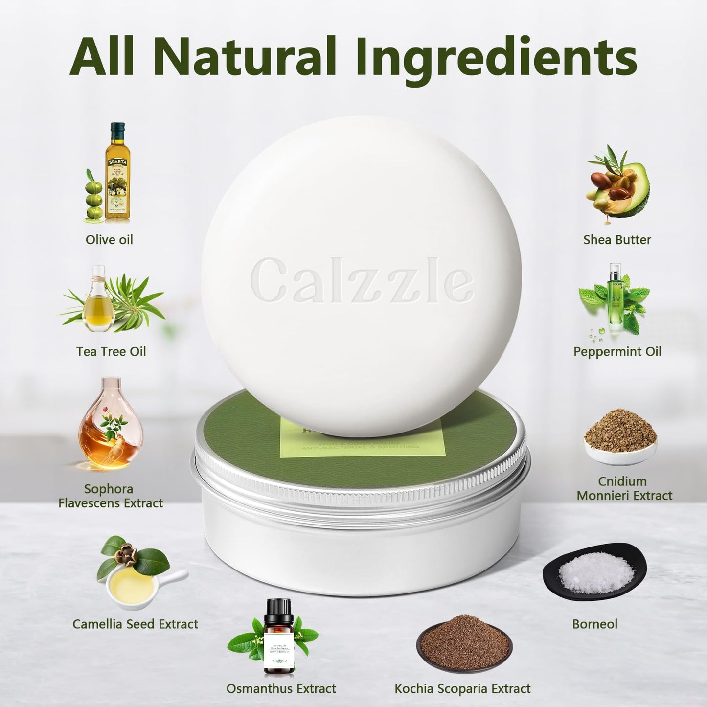 Calzzle 4 Pcs Herbal Soap Bar with Tea Tree Oil, Olive Oil & Organic Shea Butter - Natural Handmade Soap for Women & Men, Gentle Face, Body & Foot Cleanser for Dry, Itchy or Sensitive Skin, 3.53 oz