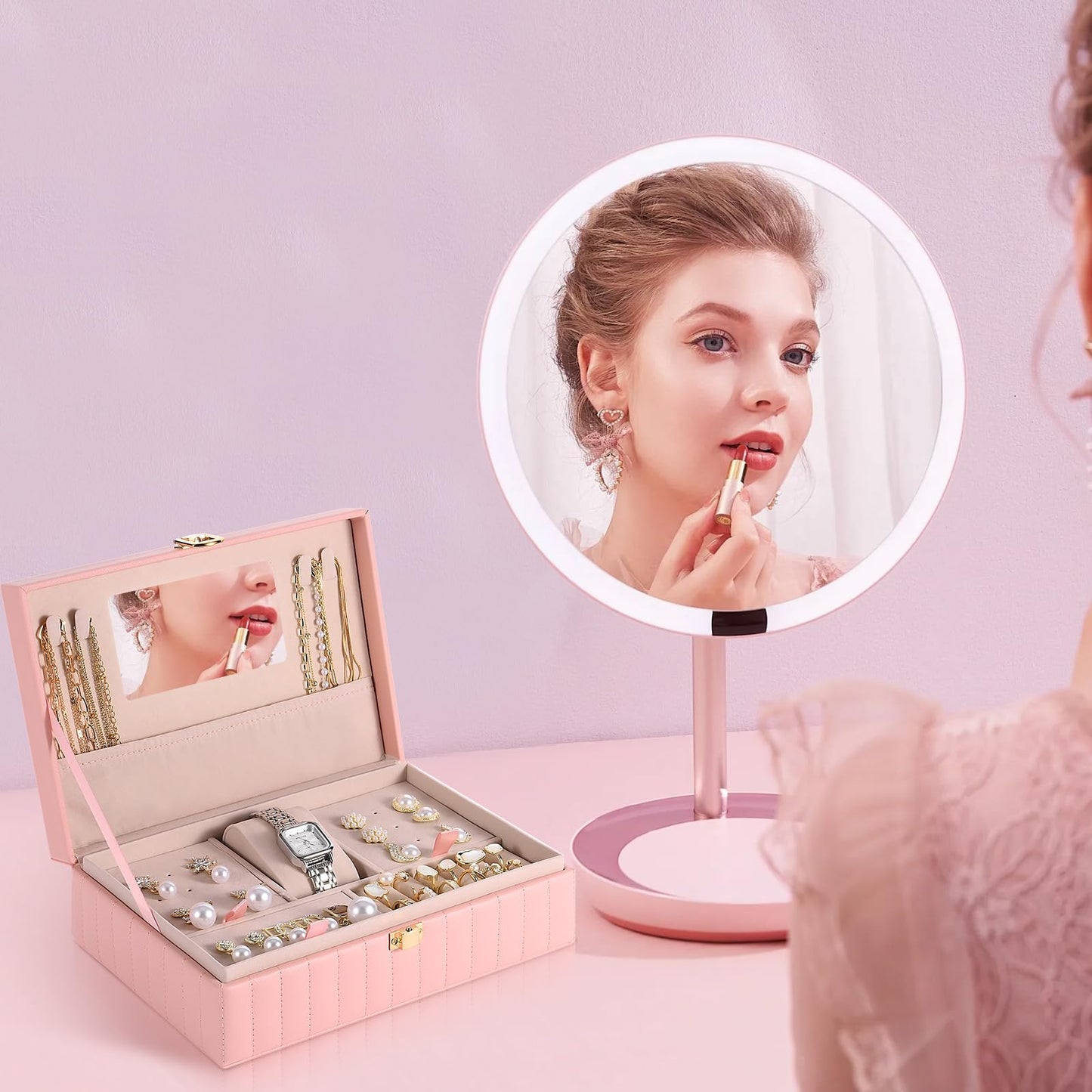 Emazerom PU Leather Travel Jewelry Case Twill Jewelry Organizer Box with Mirror 8.86 x 5.9 x 2.8 Inch Premium Portable Earrings Necklace Ring Storage Holder Display Gift (Pink)