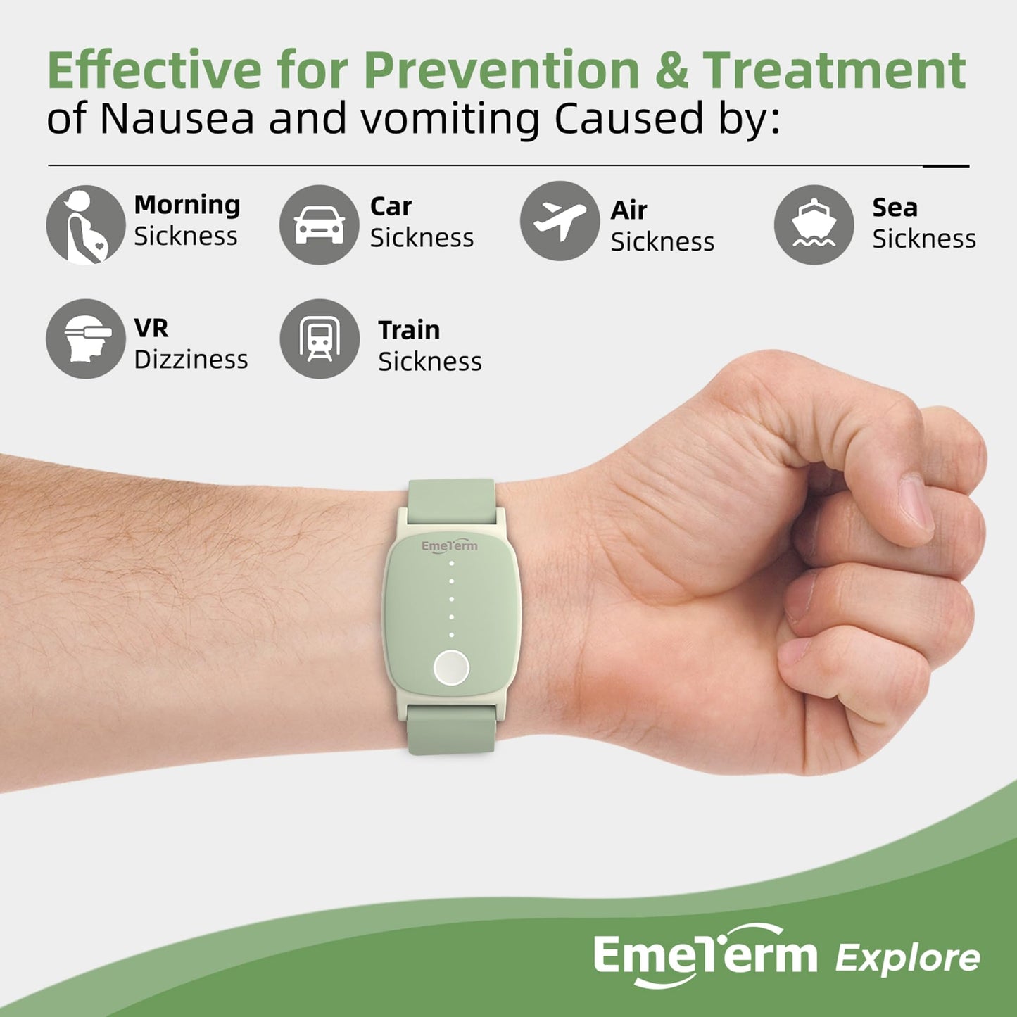 EmeTerm Explore FDA-Cleared Anti-Nausea Wristband IP67 Waterproof Morning Motion Travel Sickness Relief Classic Strap Design FSA/HSA Eligible (Mint Green-Extra 2pack Conductive Gel)