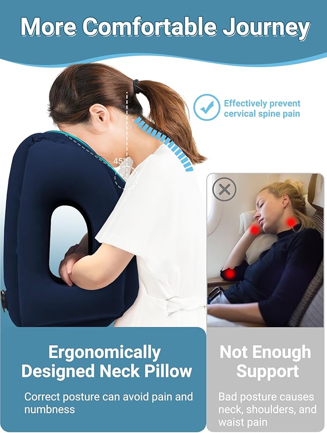Maliton Inflatable Travel Pillow for Airplane Comfortable Sleeping to Relieve Neck and Shoulder Pain, Support Head Inflatable Pillow for Long Flights, Used for Airplanes, Cars, Trains, Office(Blue)