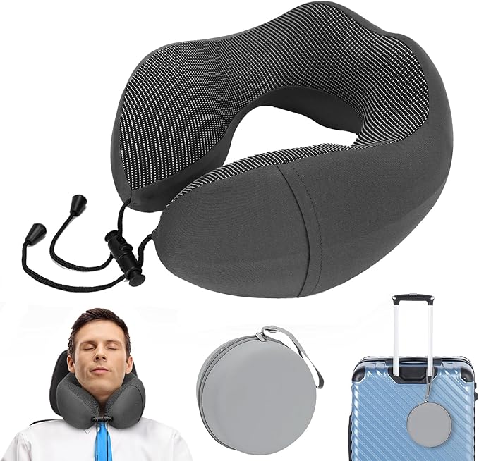 Travel Pillow Memory Foam Neck Pillow for Airplane Washable Silk Cover Ergonomic Neck Support Pillow with Storage Box