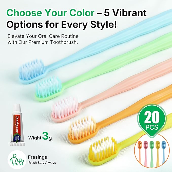 20 Pack Disposable Toothbrushes with Toothpaste, Individually Wrapped Soft Bristle Travel Toothbrush Bulk, Hotel Guest Amenities, Mint 3g Toothpaste Set for Camping, Donation & Oral Care Kit