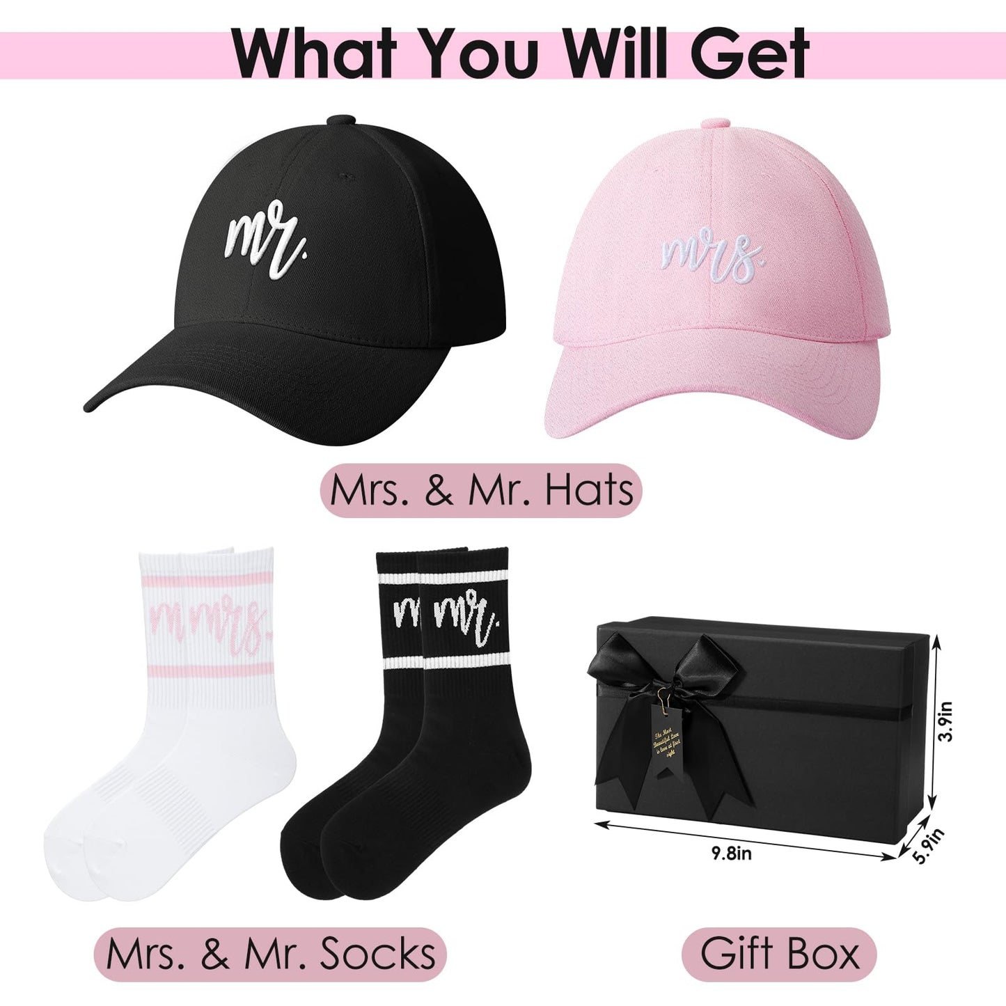 Eurzom 5 Pcs Mr and Mrs Gifts Embroidered Baseball Caps Mr and Mrs Crew Socks Bride and Broom Gift Box Set for Couples Newlywed Honeymoon Bridal Shower Engagement Wedding Favors