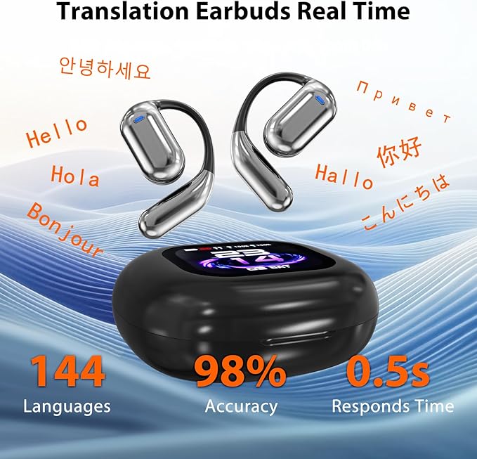 AI Language Translation Earbuds Real Time, 144 Language Translator Earbuds, OWS 3-in-1 with LCD Touch Screen & Charging Case, Wireless Bluetooth Open Ear Earbuds for Travel, Business, Learning