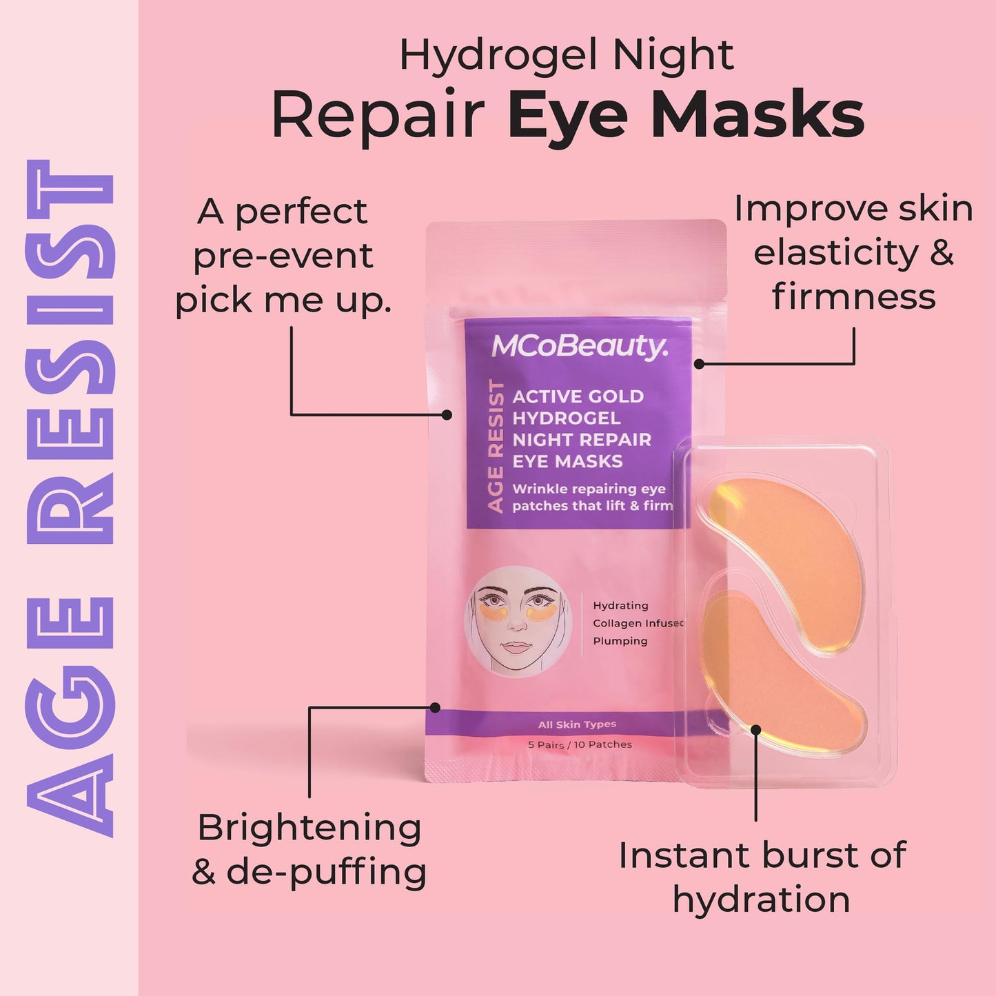 MCoBeauty Age Resist Active Gold Hydrogel Night Repair Eye Patches, Brightening & De-Puffing, with Collagen and Hyaluronic Acid, Vegan, Cruelty Free Cosmetics