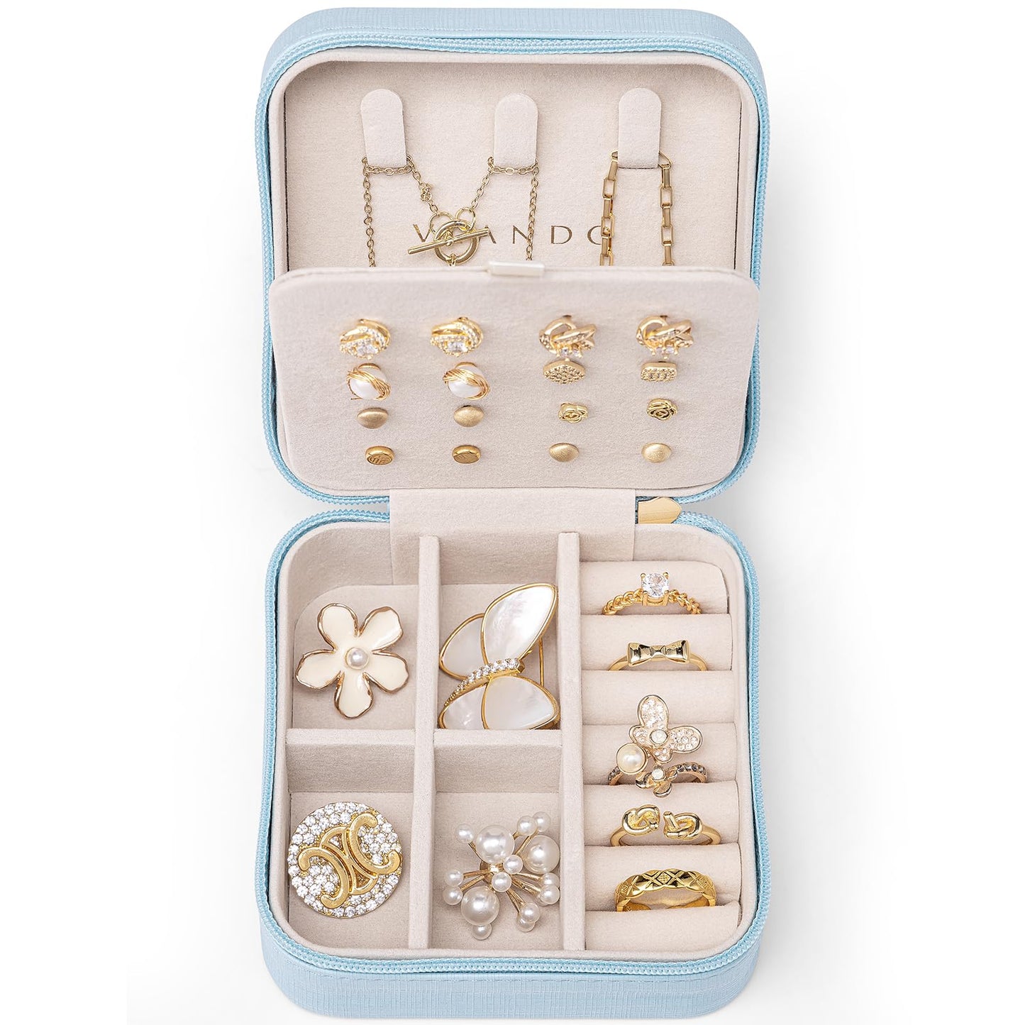 Vlando Travel Jewelry Case, Small Travel Jewelry Organizer Box for Girls Women - Blue