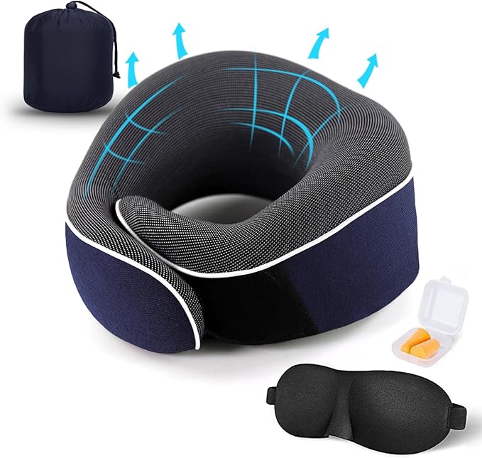 Travel Neck Pillow, Best Memory Foam Airplane Pillow for Head Support Soft Adjustable Pillow for Plane, Car & Home Recliner Use (Blue)
