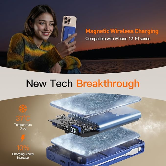 2025 Latest Portable Charger, 16800mAh Magnetic 15W Wireless Power Bank with 2 Built in Cables, LED Display Battery Pack Travel Essentials for iPhone 17/16/15/14/13/12/Pro/Mini/Pro Max