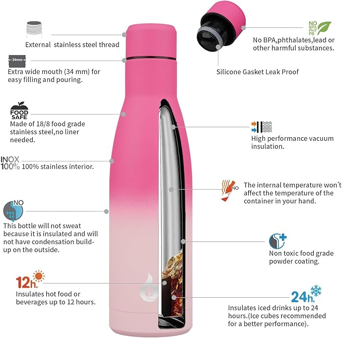 BJPKPK Insulated Water Bottle 17oz Stainless Steel Water Bottles Disawasher Safe Reusable Metal Thermal Keep Cold and Hot,Cherry