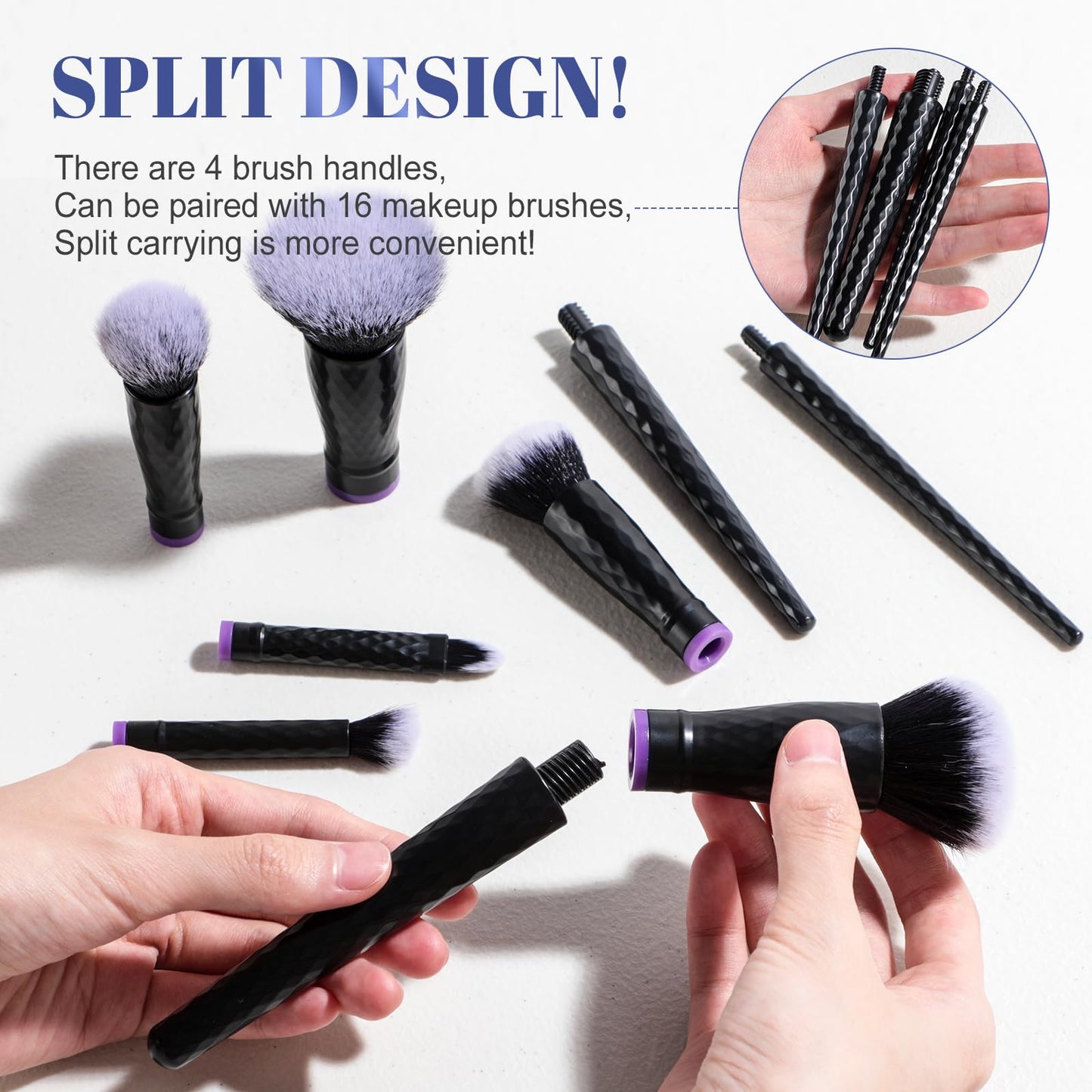 BS-MALL Travel Makeup Brushes – Professional and Durable 16-piece Set Detachable Rotating Handles, Eco-Friendly Design, Comes with Storage Barrel(Black case)