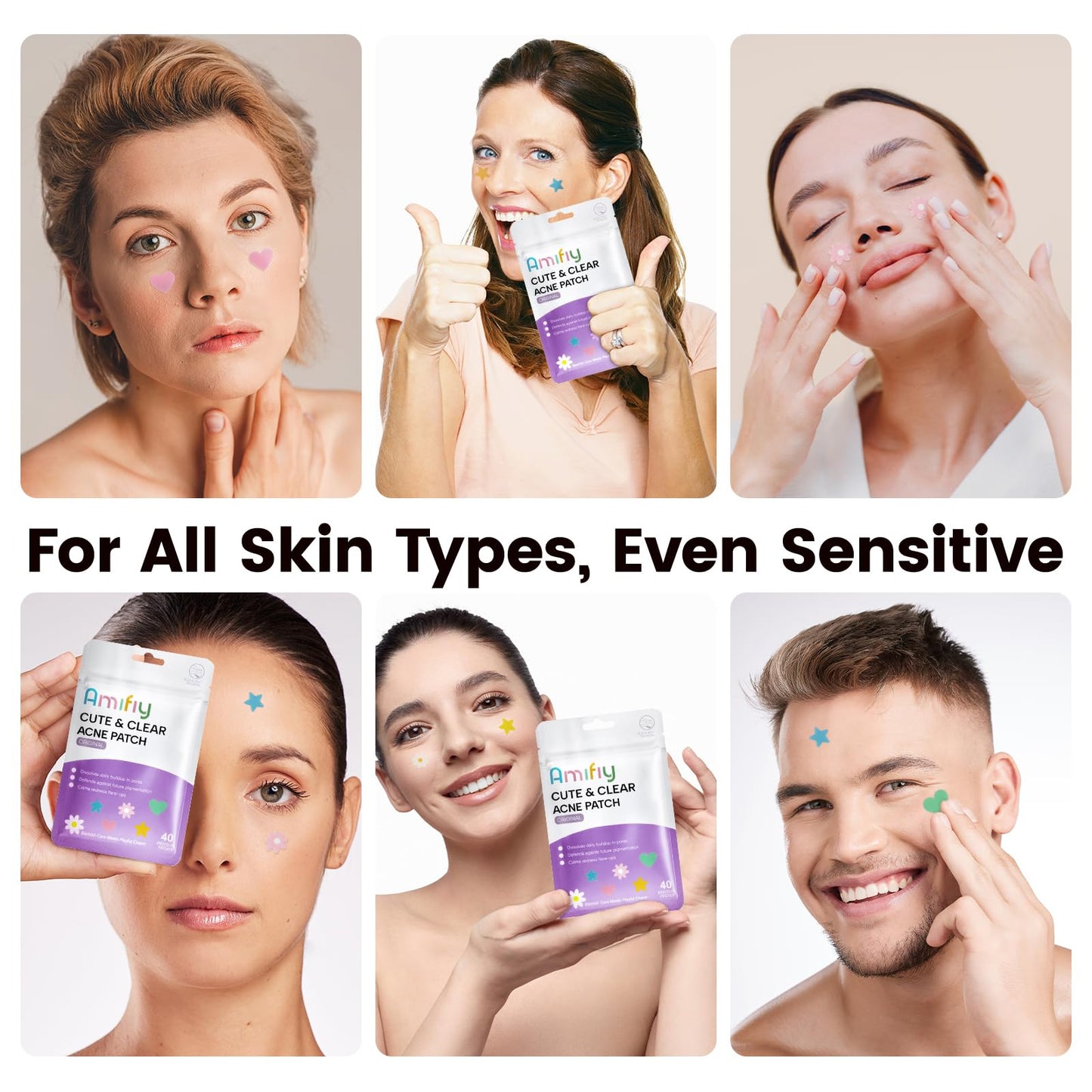 Amifiy Cute Pimple Patches, Korean Skincare Star Acne Patches for Face, Multiple Shapes Oil-Absorbing Zit Dots, Vegan & Cruelty-Free Blemish Treatment with Hydrocolloid & Tea Tree, 40 Count