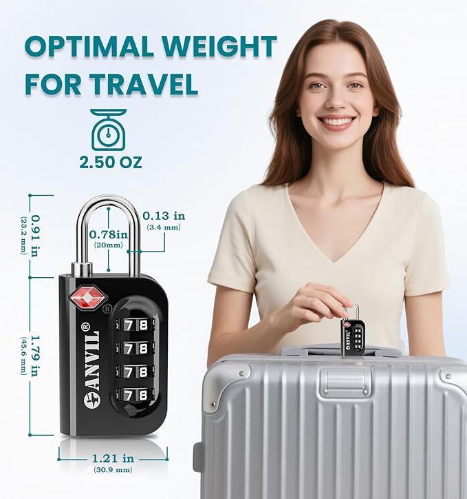 ANVIL TSA Approved Luggage Lock - 4 Digit Combination, 10,000 Combinations, Easy-Read Password Window, Travel Lock for Suitcases, Backpacks, Gym & Student Lockers, Baggage