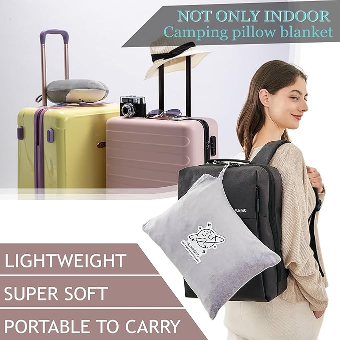 Commollis 2-in-1 Travel Blanket & Pillow for Airplane, Car, Train - Warm Compact Flight Blanket with Luggage Strap & Backpack Clip, Machine Washable, All-Season Use