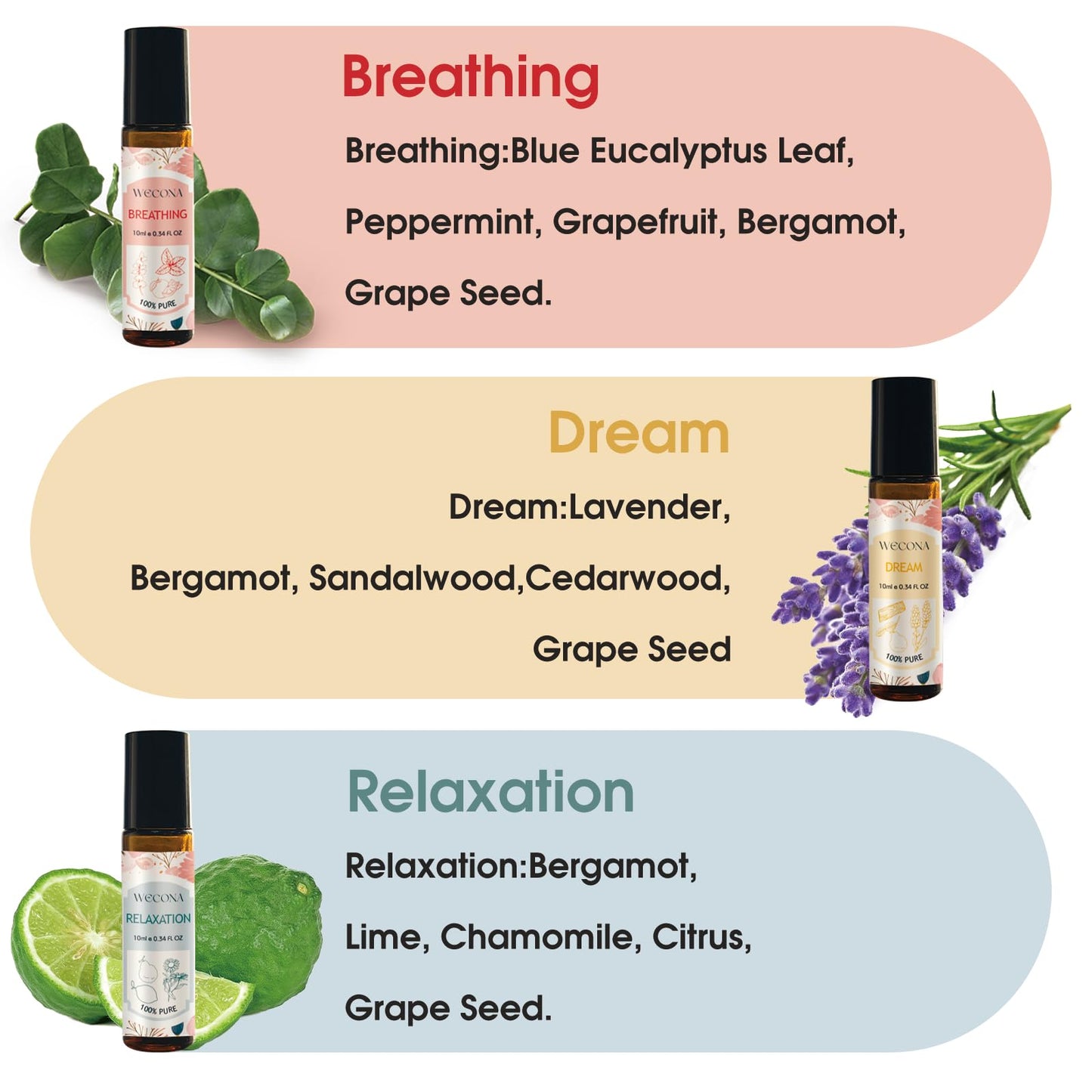 Wecona Aromatherapy Essential Oil Roll-On Set – 6x10ml Essential Oil Blends with Roller Bottles, Portable Essential Oils for Diffusers for Home,Relaxing Gift for Women & Men