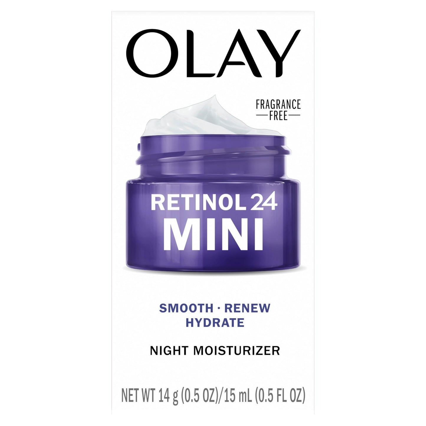 Olay Retinol 24 Face Moisturizer, Anti-Aging Night Cream for Women, Trial Size, Fragrance-Free, Non Greasy - Anti-Wrinkle, Smooth Fine Lines, Tightening Skin Care - Peptides, Glycerin, 0.5 Oz