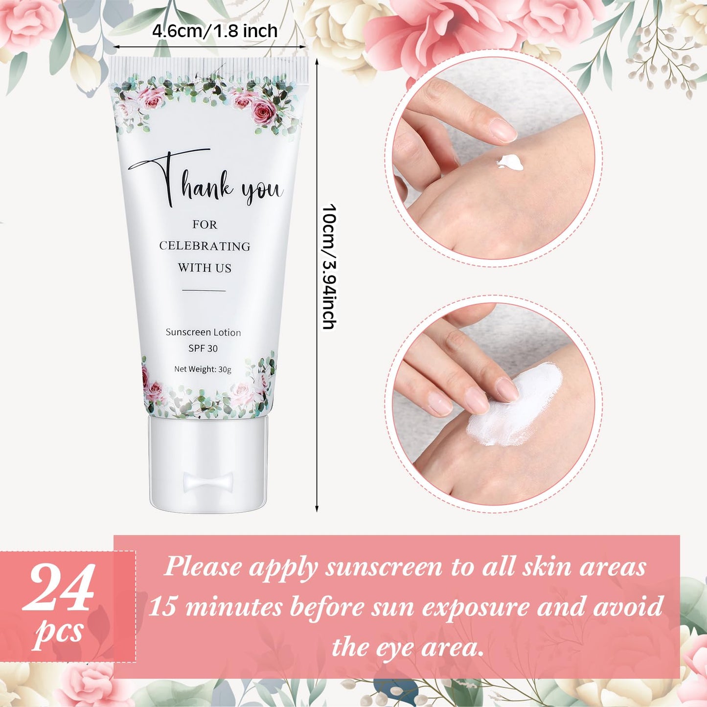 Dansib 24 Pcs Mini Sunscreen Bulk for Summer Wedding Party Spf 30 Water Resistant Sunscreen Lotion Bulk 1oz Travel Size for Thank You Gifts Wedding Party Supplies(White Cream,Floral)