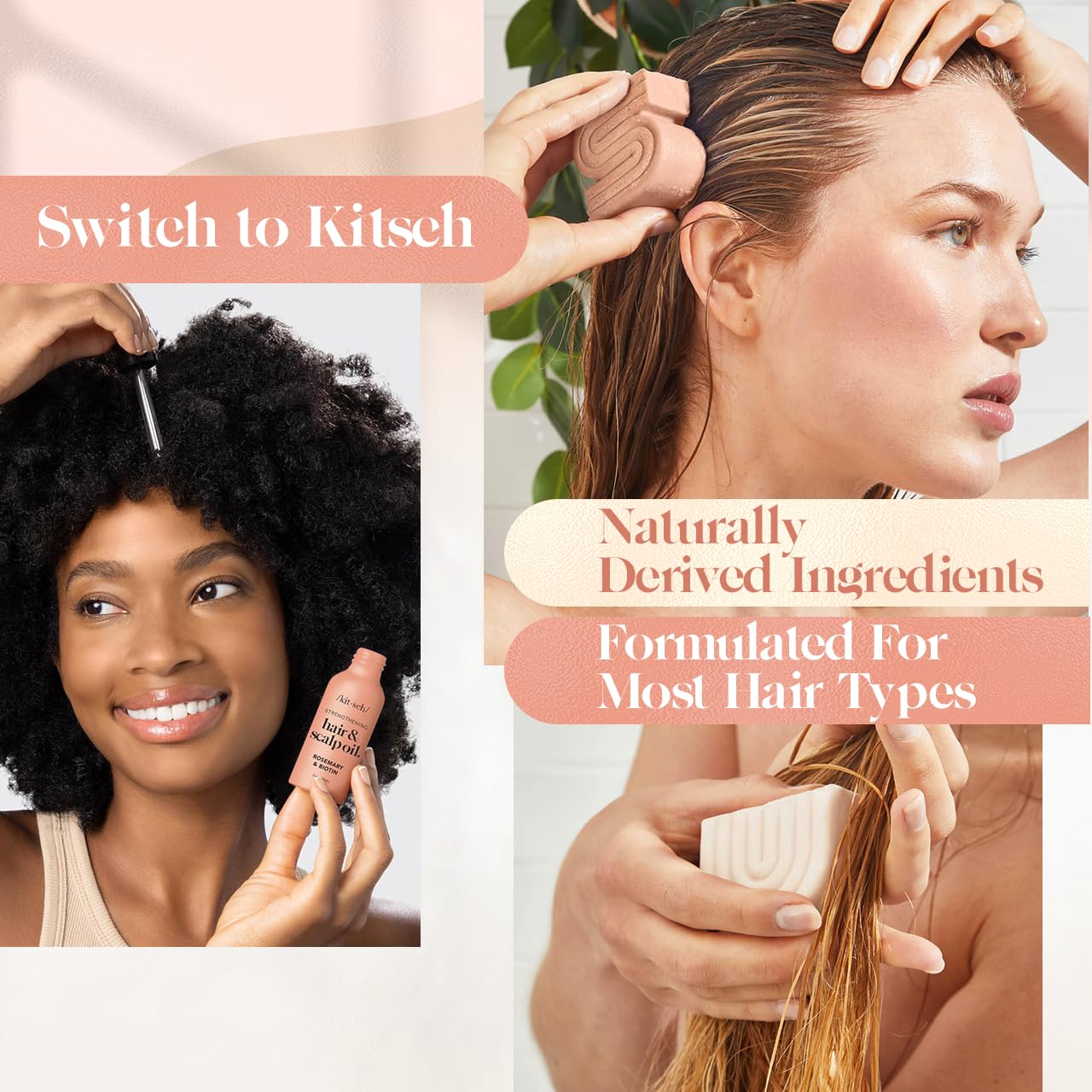 Kitsch Rice Water Shampoo and Conditioner Set + Pre-Wash Scalp Serum with Rosemary and Biotin – Shampoo and Conditioner Bar for Hair Growth & Scalp Nourishment – Hair Care Bundle – 3pc Set