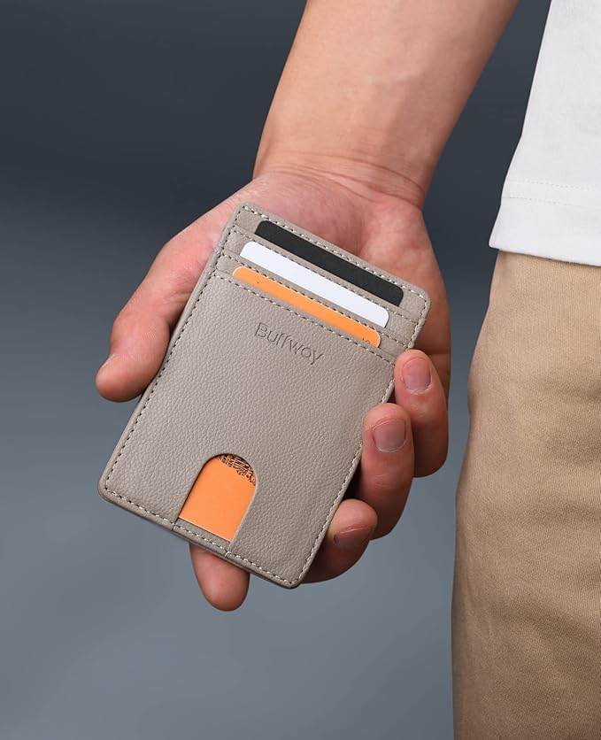 Buffway Mens Slim Wallet, Minimalist Thin Front Pocket Leather Credit Card Holder with RFID Blocking for Work Travel