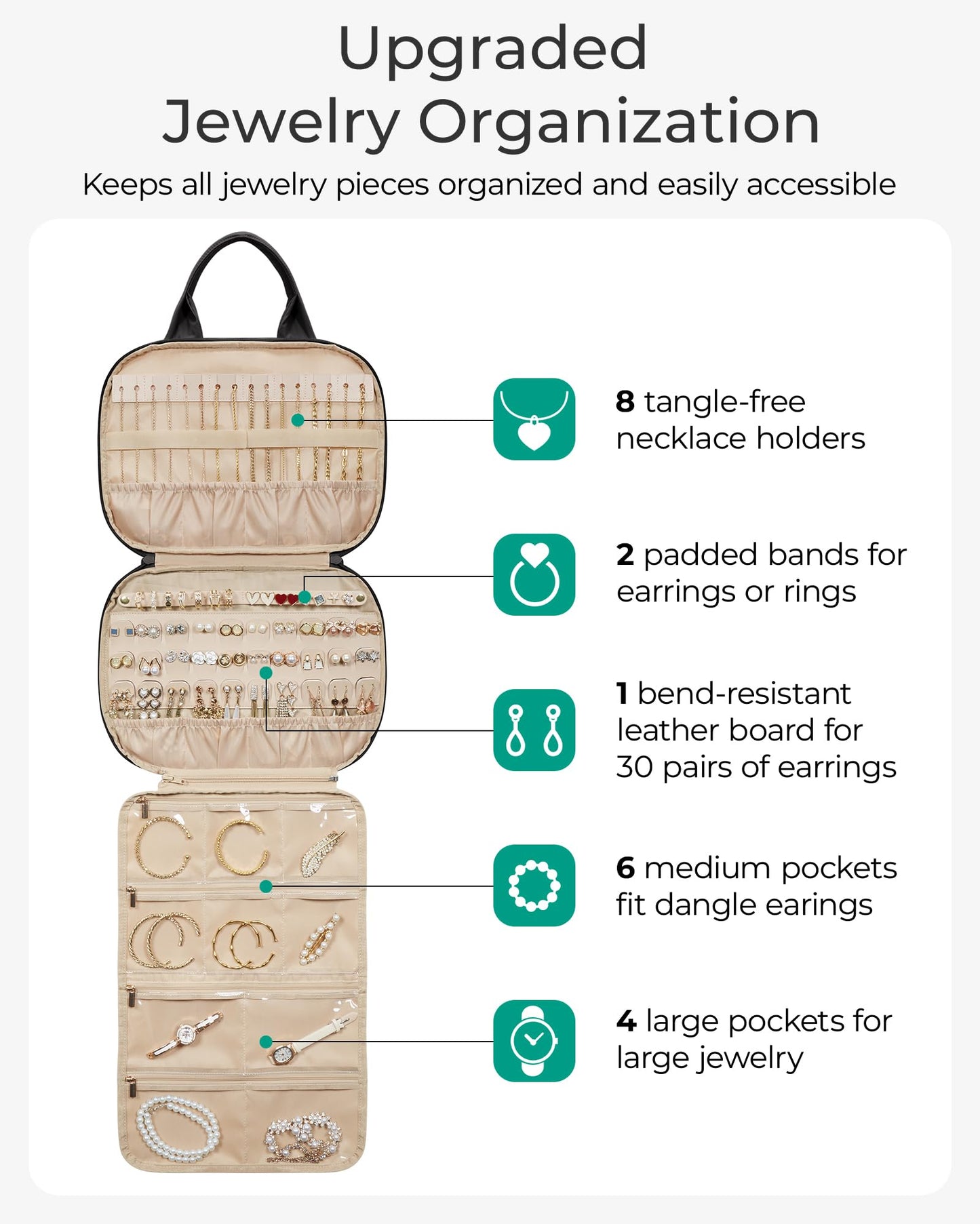 BAGSMART Jewelry Travel Case, Hanging Jewelry Organizer with Zipper Pockets, Large Capacity Puffy Jewelry Roll for Earrings, Necklaces, Rings on Closet, Wall, Door, Portable Travel Essentials, Black