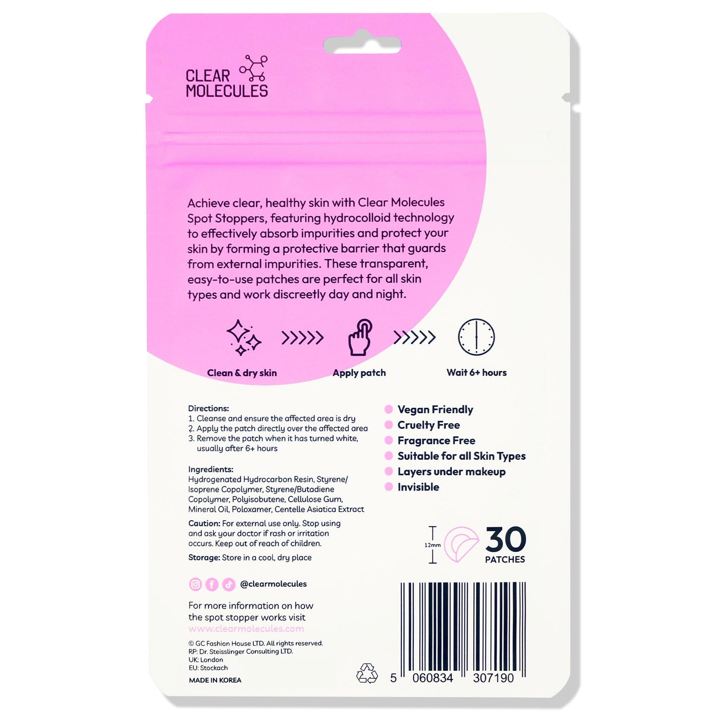 Clear Molecules Spot Stoppers Pimple Patches - Invisible Spot Patches for Acne Treatment, Hydrocolloid Patches for Spot Treatment, Vegan & Cruelty Free Korean Skincare (30 Count (Pack of 1))