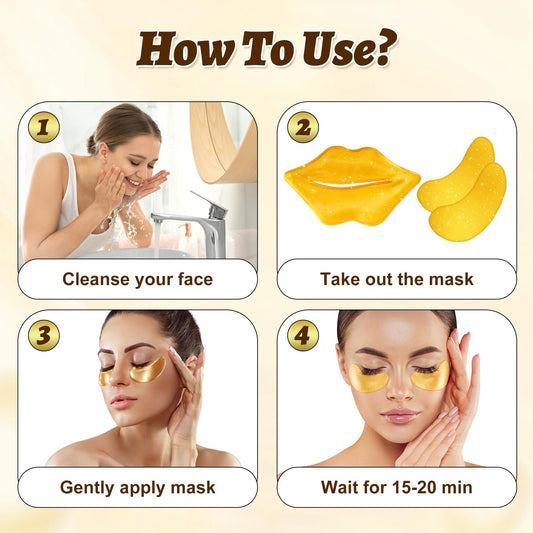 Yihurlm 40 Pcs Lip and Eye Mask Set,Collagen Lip Mask Sheet and Under Eye Patches,Gold Lips Masks Skincare,Gold Gel Crystal Collagen Eye Patches,Moisturizing Reducing Fine Lines & Dark Circle
