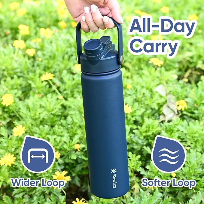 24 oz Insulated Water Bottle, 2-in-1 Lid, Straw & Spout with Protected, Leak Proof, Keep Cold, Stainless Steel, Metal, Reusable, Handle, for Travel, Gym and School, 2 Lids, Denim Blue