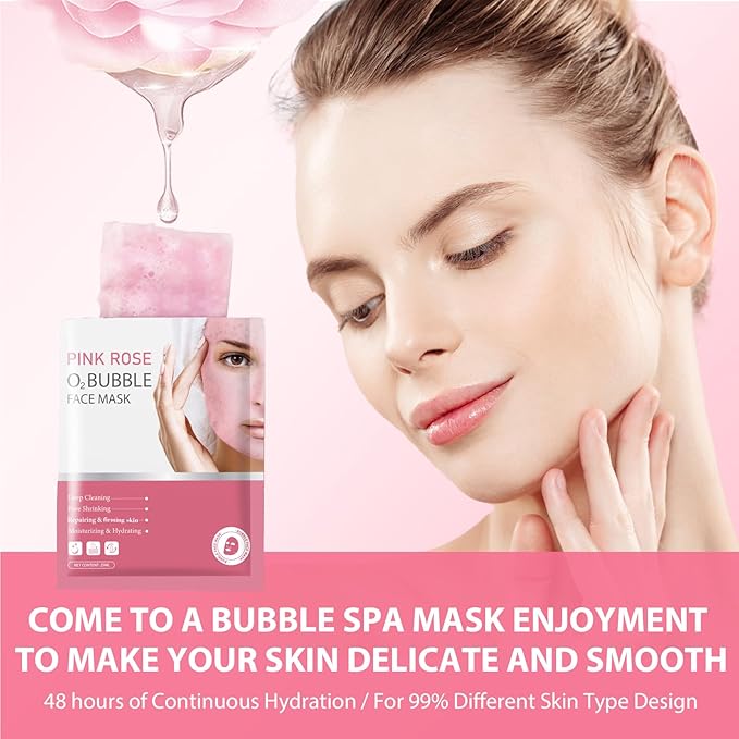 10 Sheets Pink Rose O2 Bubble Face Masks Skincare, Hydrating Moisturizing Bubble Face Masks for for All Skin Types, Sheet Masks Cleaner Foaming Purifying Facial Mask for Pores