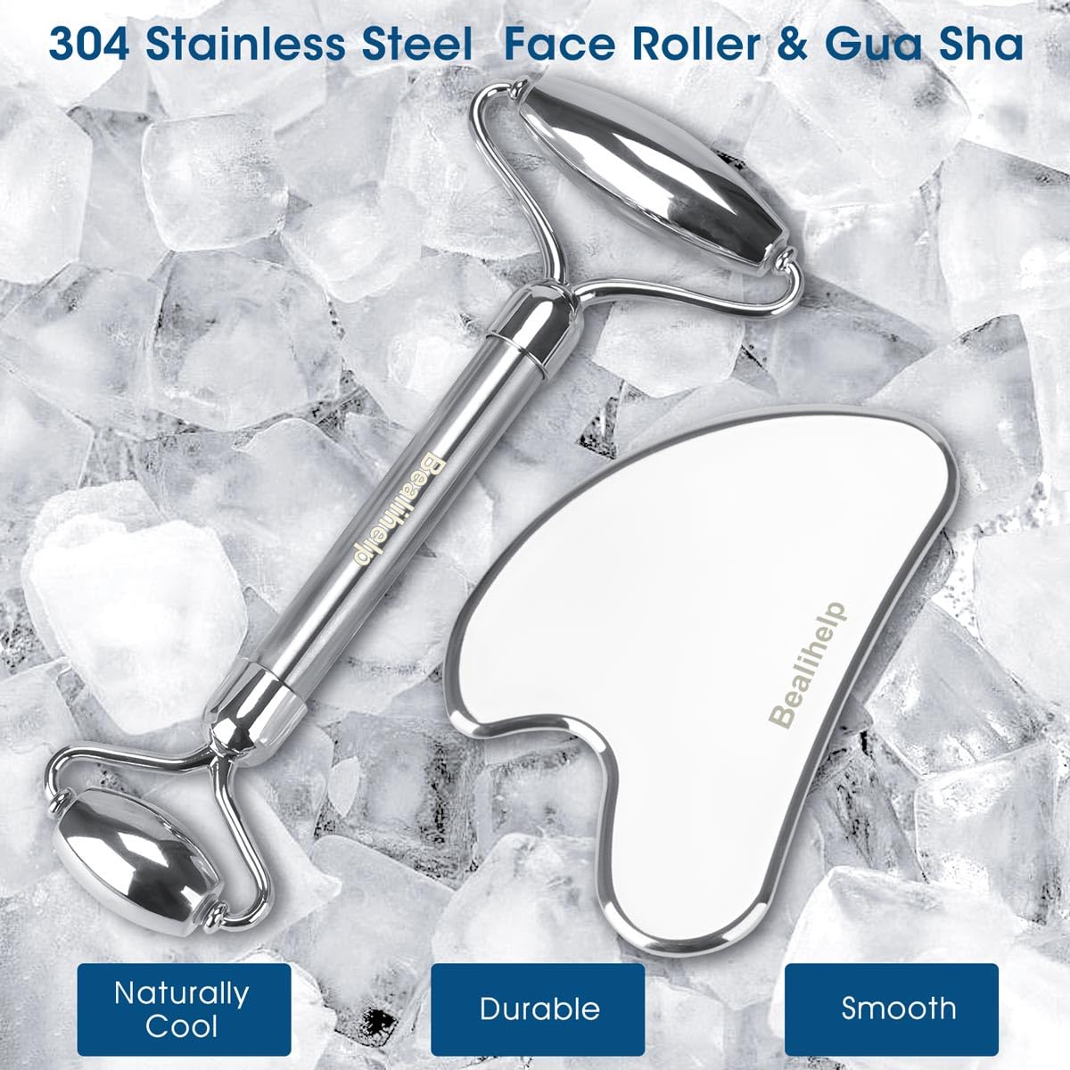 Bealihelp Face Roller & Gua Sha, Stainless Steel Facial Roller and Gua Sha Tool for Face, Skin Care, Anti-Aging, and Lifting