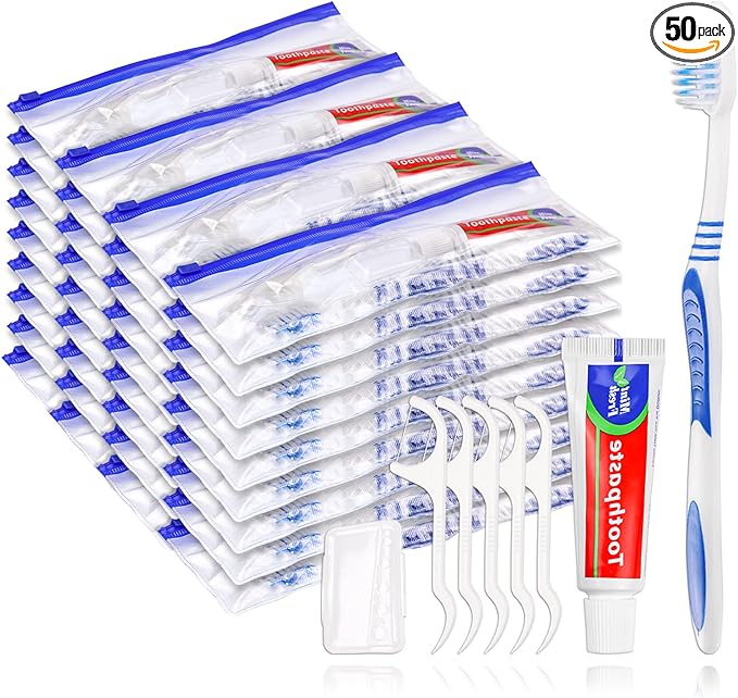 50 Disposable Toothbrushes with Toothpaste Set,Travel Kit with Plastic Zip Bag,Toothbrush Head Cover, Floss Pick,25 gram Toothpaste,Bulk Toothbrush for Homeless,Travel,Hotel(50)