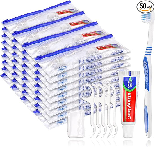 50 Disposable Toothbrushes with Toothpaste Set,Travel Kit with Plastic Zip Bag,Toothbrush Head Cover, Floss Pick,25 gram Toothpaste,Bulk Toothbrush for Homeless,Travel,Hotel(50)