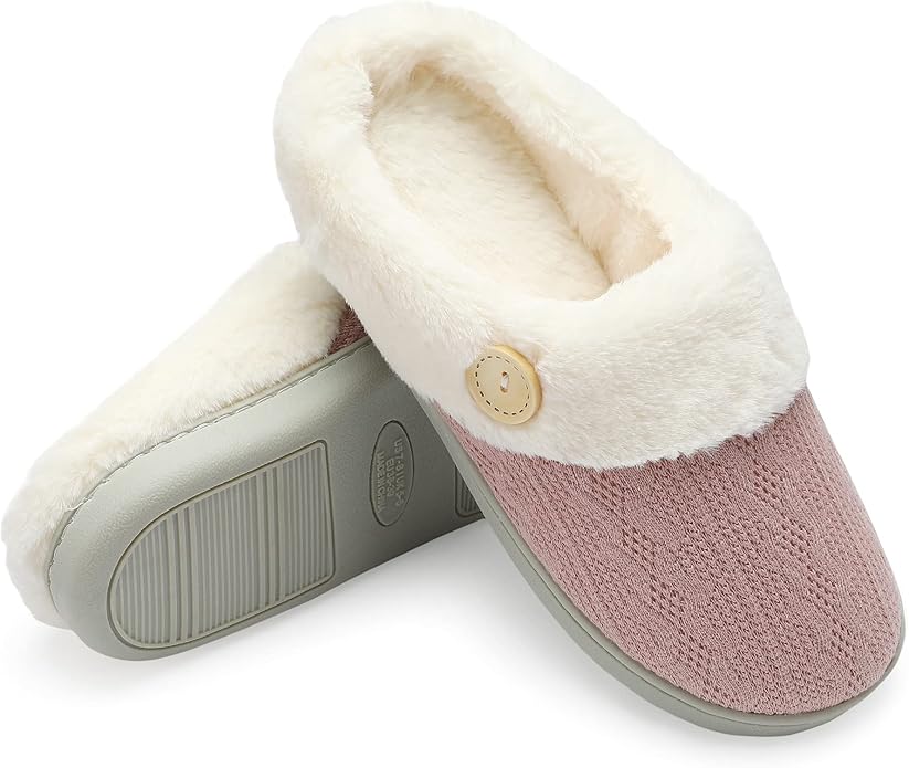 Chantomoo Womens Slipper Warm Comfy Memory Foam House Slippers Knitted Shoes Faux Fur Lined Anti-Skid Rubber Sole Bedroom Cozy Indoor Outdoor Slippers