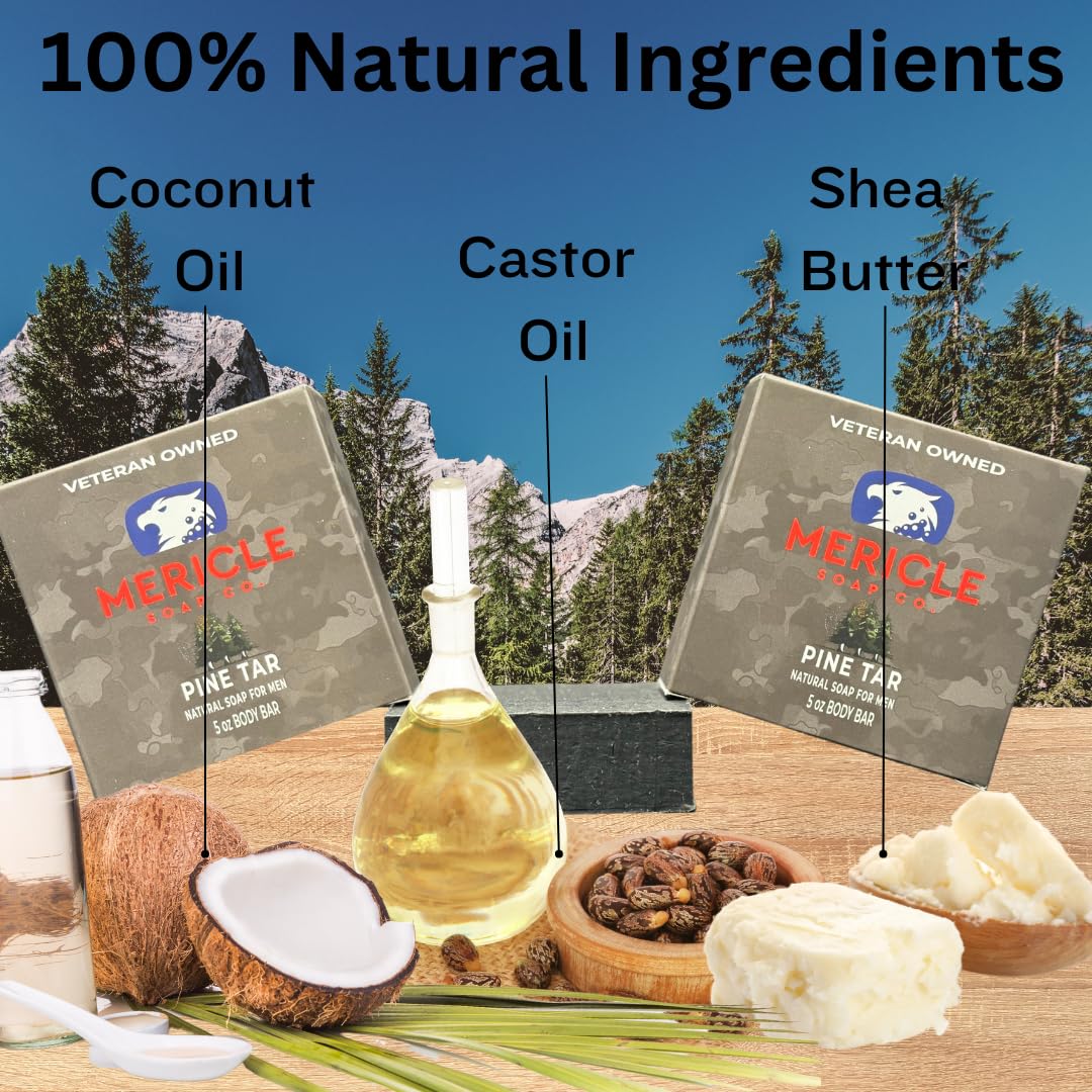 Mericle Soap Co. Pine Tar Organic 5oz Body Bar | Veteran Owned | Traditional Cold Process Technology | 100% Natural Ingredients | No Harsh Chemicals | Exfoliating | Made in the USA - Pack of 3