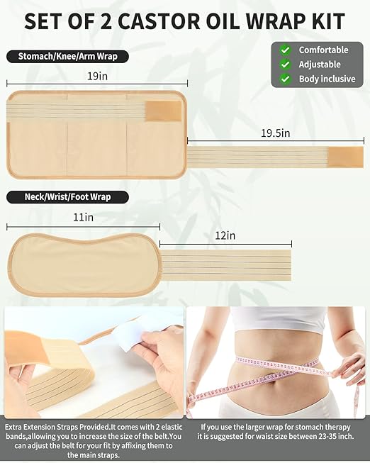 2 Pcs Castor Oil Pack Wrap for Liver,Stomach,Neck,Knee,Foot & Entire Body,Reusable Compress Pack for Women Men Wrap Kit for Hot/Cold Compress with Adjustable Strap,Castor Oil Not Included