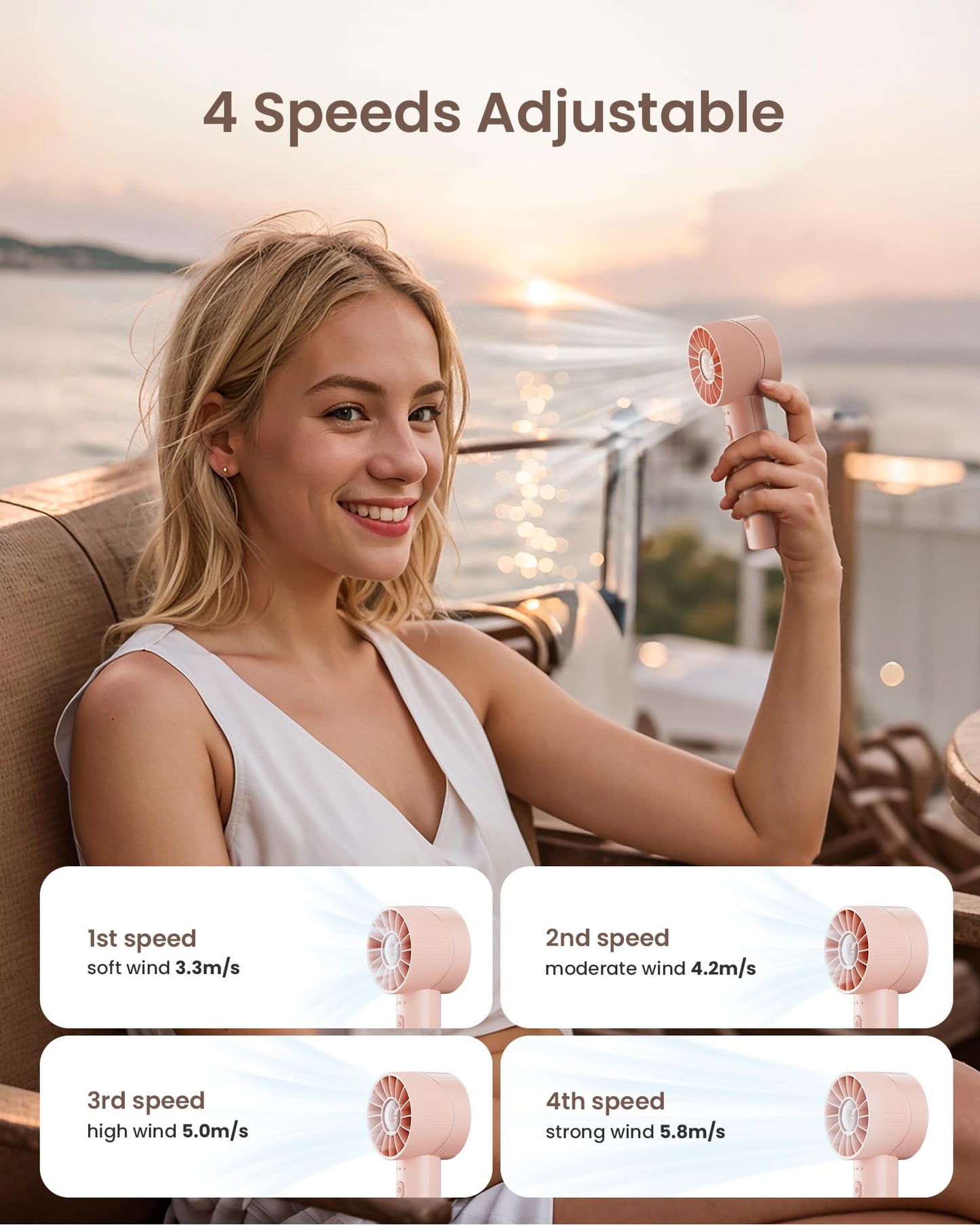 Portable Mini Handheld Turbo Fan, 4 Speed High Velocity Personal [Max 16H Cooling Time], Rechargeable Purse Travel Essentials for Vacation/Beach/Trip - Pink