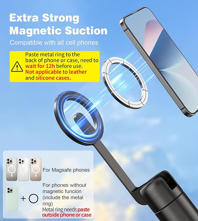 68" Magnetic Selfie Stick Tripod for iPhone,Portable Cell Phone Tripod Stand for Magsafe with Rechargeable Remote, 360° Rotation Aluminum Phone Holder for Video Recording/Live Stream/Travel Black