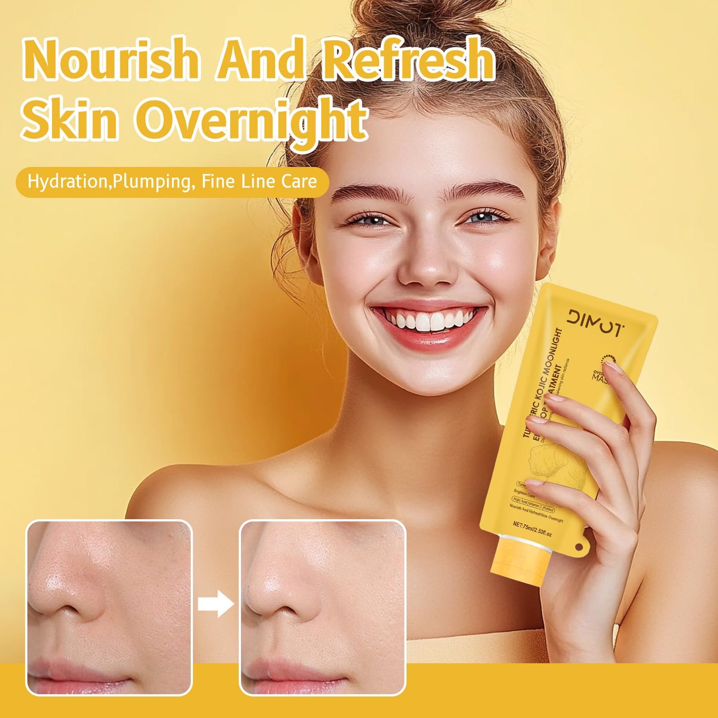 Turmeric Collagen Night Wrapping Mask with Retinol - Hydrating, Firming & Glowing Facial Mask Nourishes Skin, Refines Skin Texture - Turmeric Peel off Mask With Brush for All Skins, 2,53 fl.oz