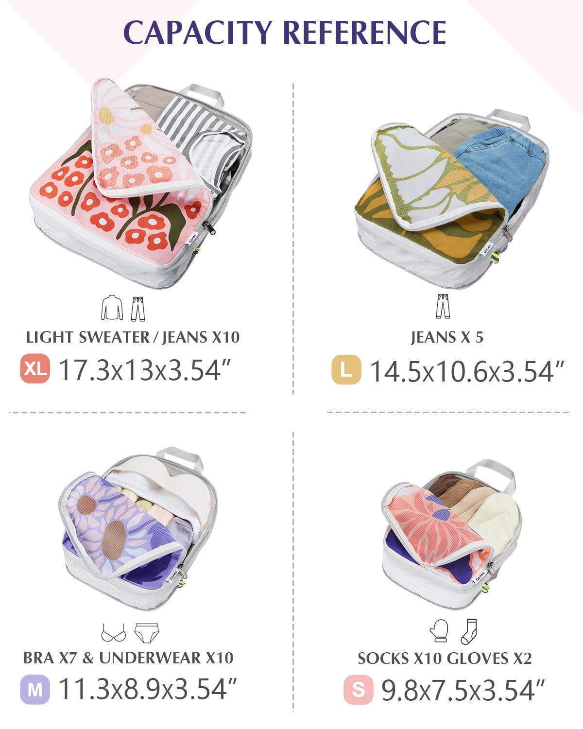 Gonex Compression Packing Cubes, 4pcs Expandable Storage Travel Luggage Bags Organizers, Travel Cubes for Suitcase Carry On (Flowers)