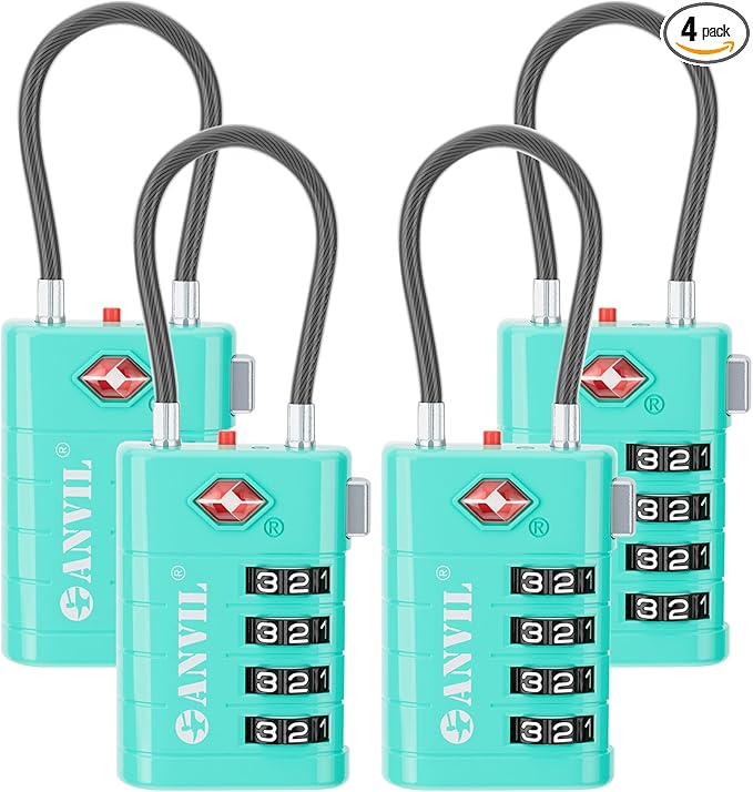 ANVIL 4 Digit Luggage Locks, TSA Locks for Luggage, Advanced TSA008 core, Alert Indicator for Your Travel Lock, Suitcase Lock. (4, Cyan)