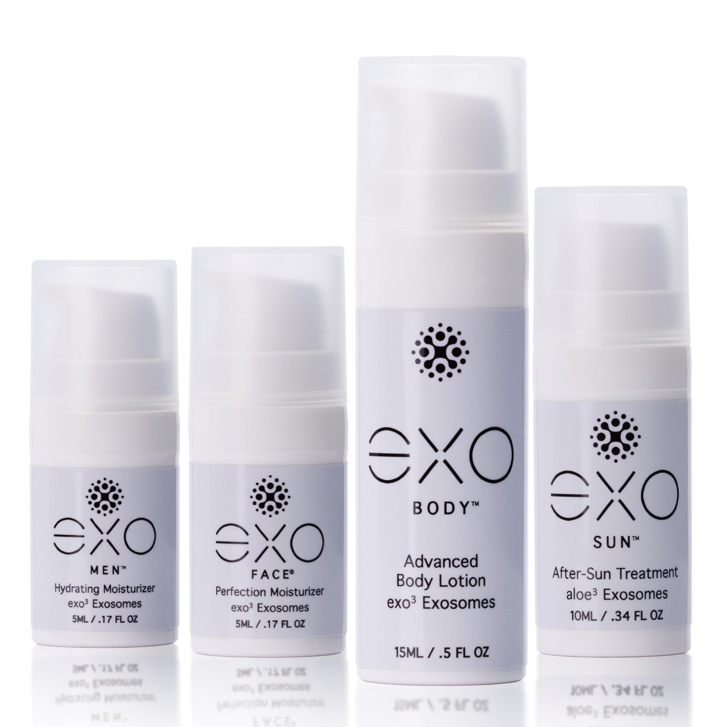 Exoceuticals Travel Size Assortment | Unprecedented Hydration | Innovative Exosome Skin Care Solutions | 4 travel-sized bottles (1 EXO BODY™, 1 EXO SUN™, 1 EXO FACE®, 1EXO MEN™) | 35ML / 1.18 fl oz