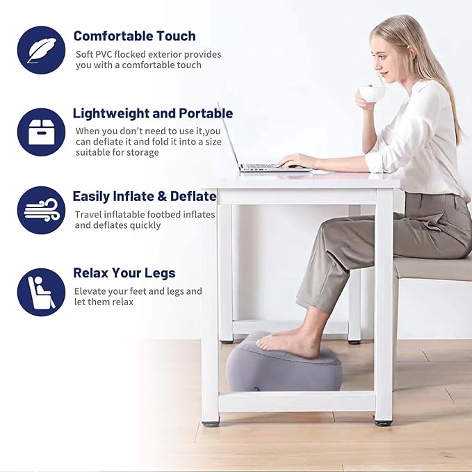 Inflatable Foot Rest Pillow for Air Travel, Airplane Foot Rest Pillow, Adjustable Height Leg Pillow Airplane Bed for Kids Toddler Suitable for Plane, Car, Train (Gray) 2count