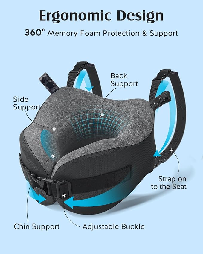 YFONG Travel Pillow for Long Flight Airplanes, Head Strap Combo with 3D Contoured Eye Mask for Sleep, Neck Pillow for Car Trip Essential, 360° Support Memory Foam Headrest, Prevent Head Bobbing, Pink