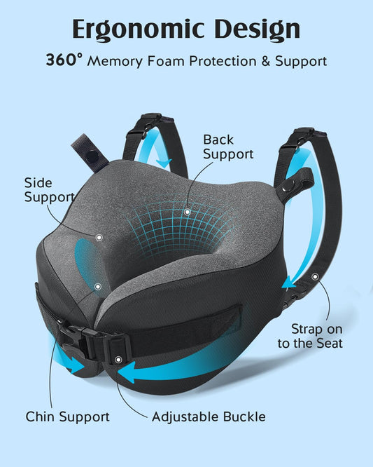 YFONG Travel Pillow for Long Flight Airplanes, Head Strap Combo with 3D Contoured Eye Mask for Sleep, Neck Pillow for Car Trip Essential, 360° Support Memory Foam Headrest, Prevent Head Bobbing, Black
