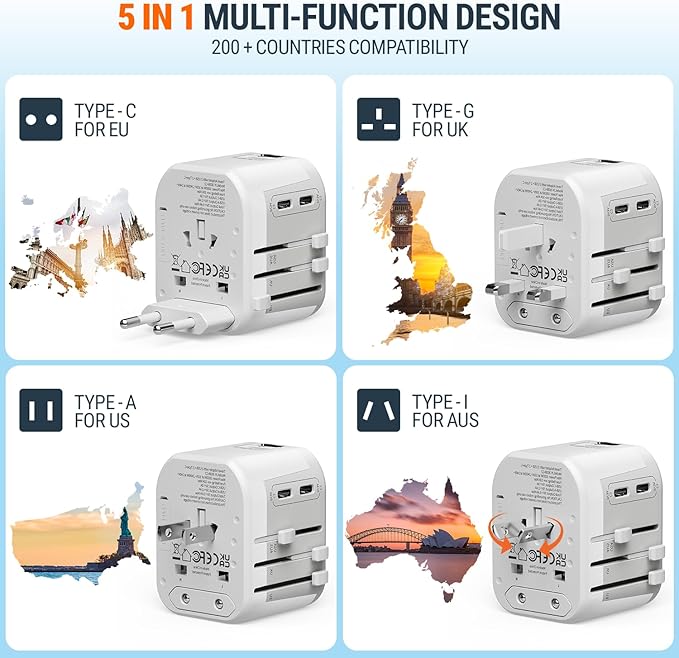 5 in 1 Universal Travel Adapter-10A | International Power Adapter with 2 USB C, 2 USB A Ports | 3.4A & 2400W Fast Portable Charger | Travel Adapter Worldwide Covering 200+ Countries- White