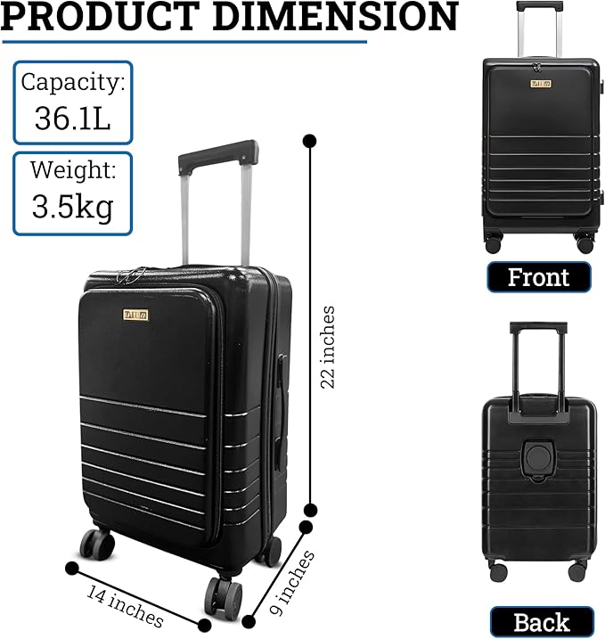 20 Inch Hardside Carry On Luggage with Spinner Wheels, Airline Approved 22x14x9 Carry-On Luggage with Front Pocket (Black)